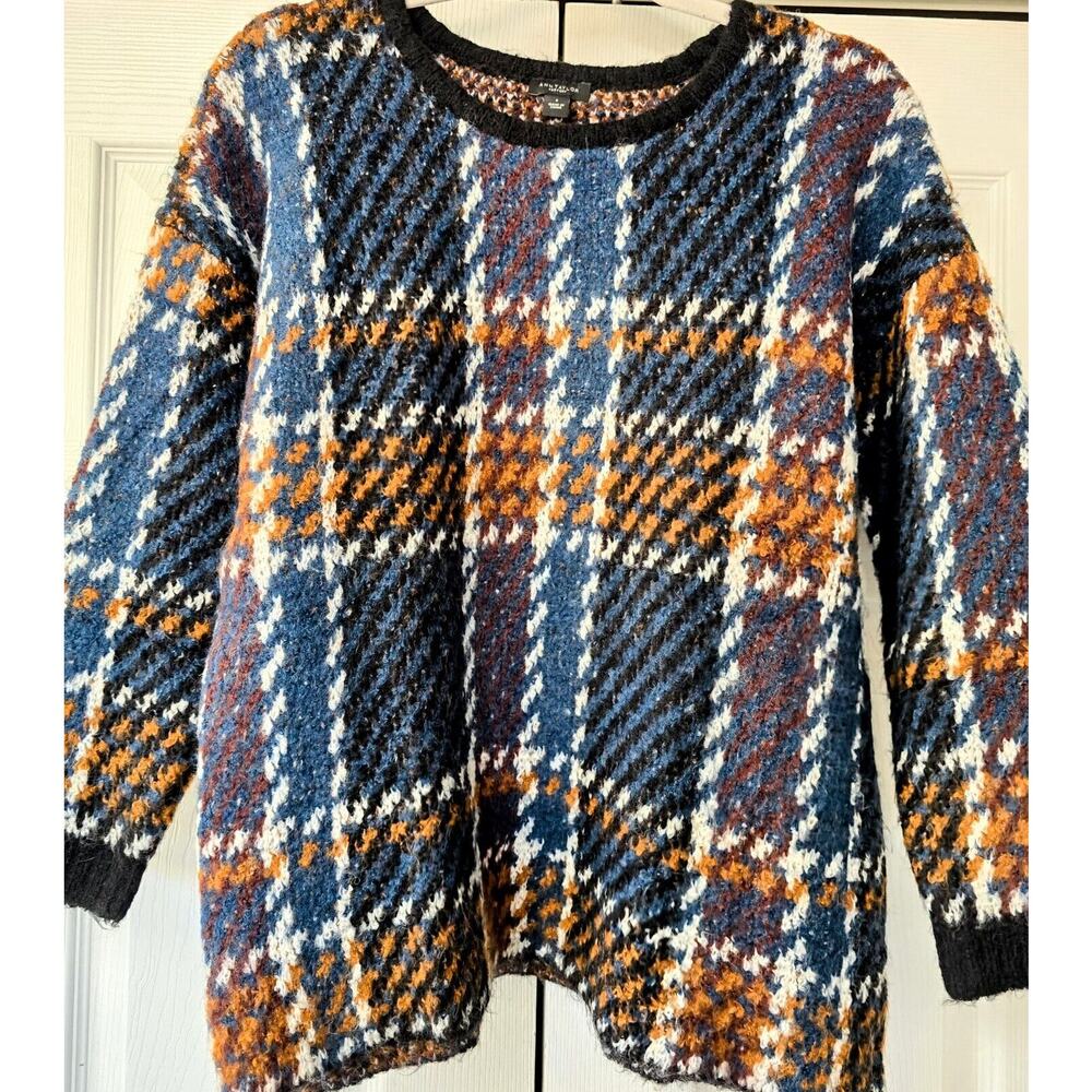 Ann Taylor SOFT Pullover Holiday Plaid Teal Blue Sweater Womens Generous Small